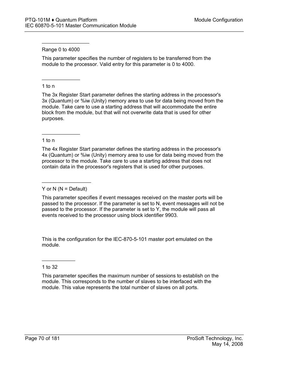 Write register count, 3x register start, 4x register start | Pass-through events, Iec-870-5-101 master, Session count | ProSoft Technology PTQ-101M User Manual | Page 70 / 181