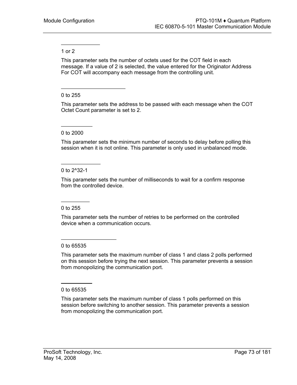 Cot octet count, Originator address for cot, Failure delay | Confirm timeout, Retry count, C1/c2 poll count pend, Class 1 polls | ProSoft Technology PTQ-101M User Manual | Page 73 / 181