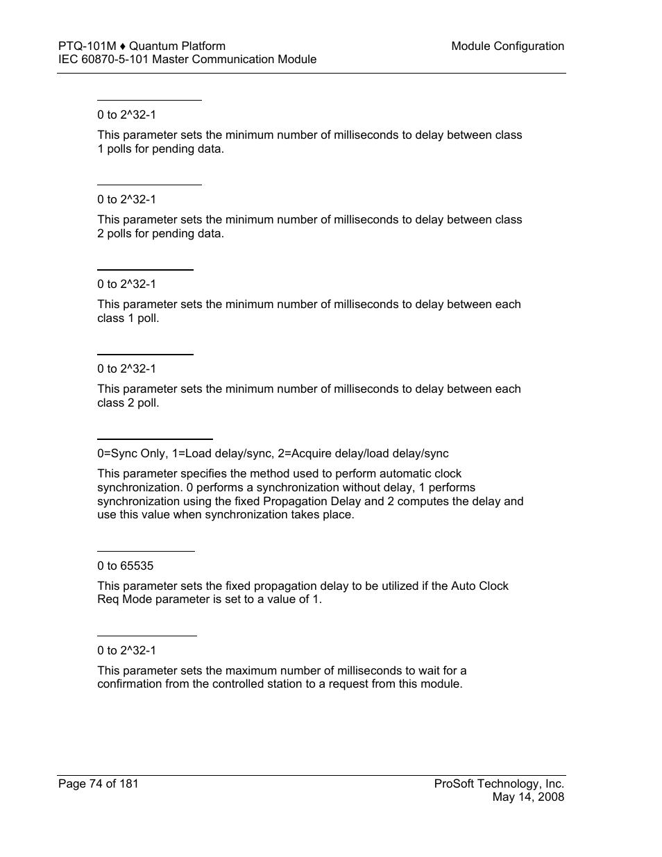 Class 1 pend delay, Class 2 pend delay, Class 1 poll delay | Class 2 poll delay, Auto clock req mode, Propagation delay, Response timeout | ProSoft Technology PTQ-101M User Manual | Page 74 / 181
