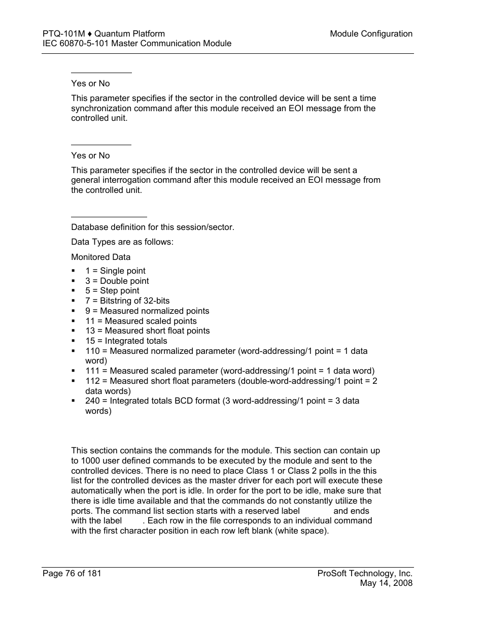 Eoi time sync, Eoi general int, Database definition | Iec-101 master commands | ProSoft Technology PTQ-101M User Manual | Page 76 / 181