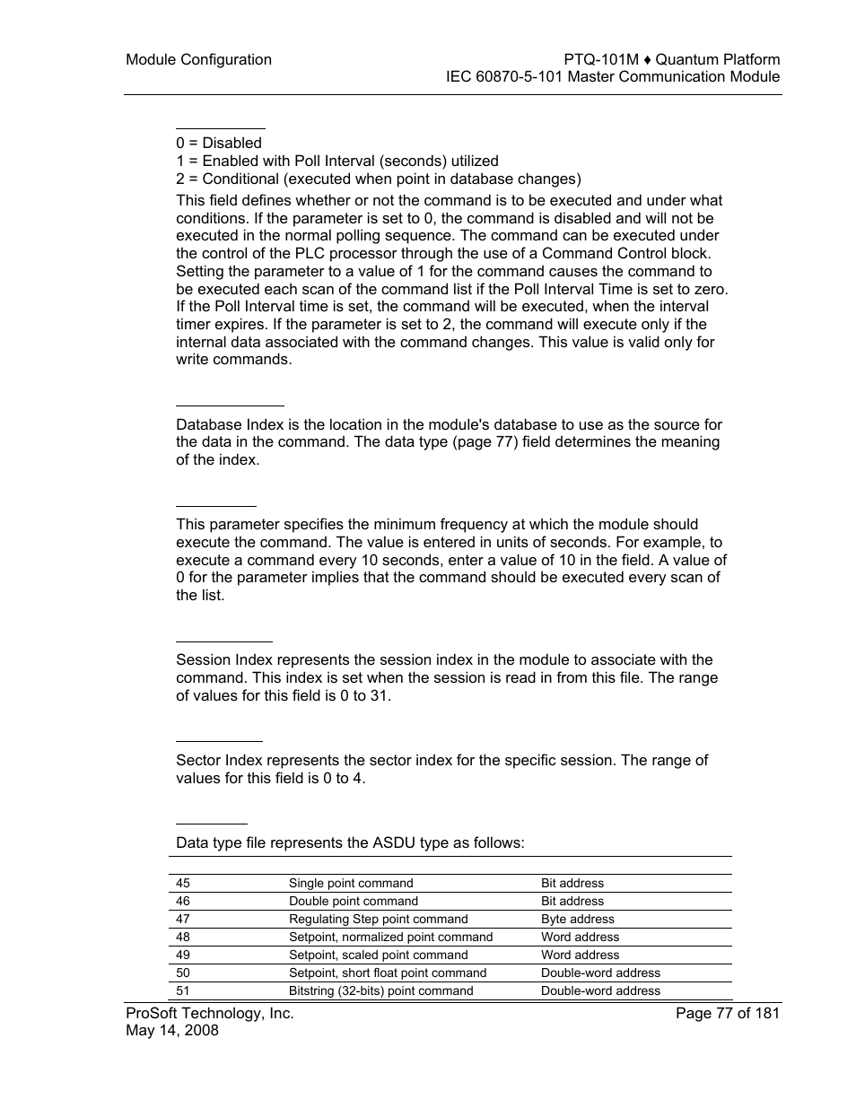 Enable code, Database index, Poll interval | Session index, Sector index, Data type | ProSoft Technology PTQ-101M User Manual | Page 77 / 181