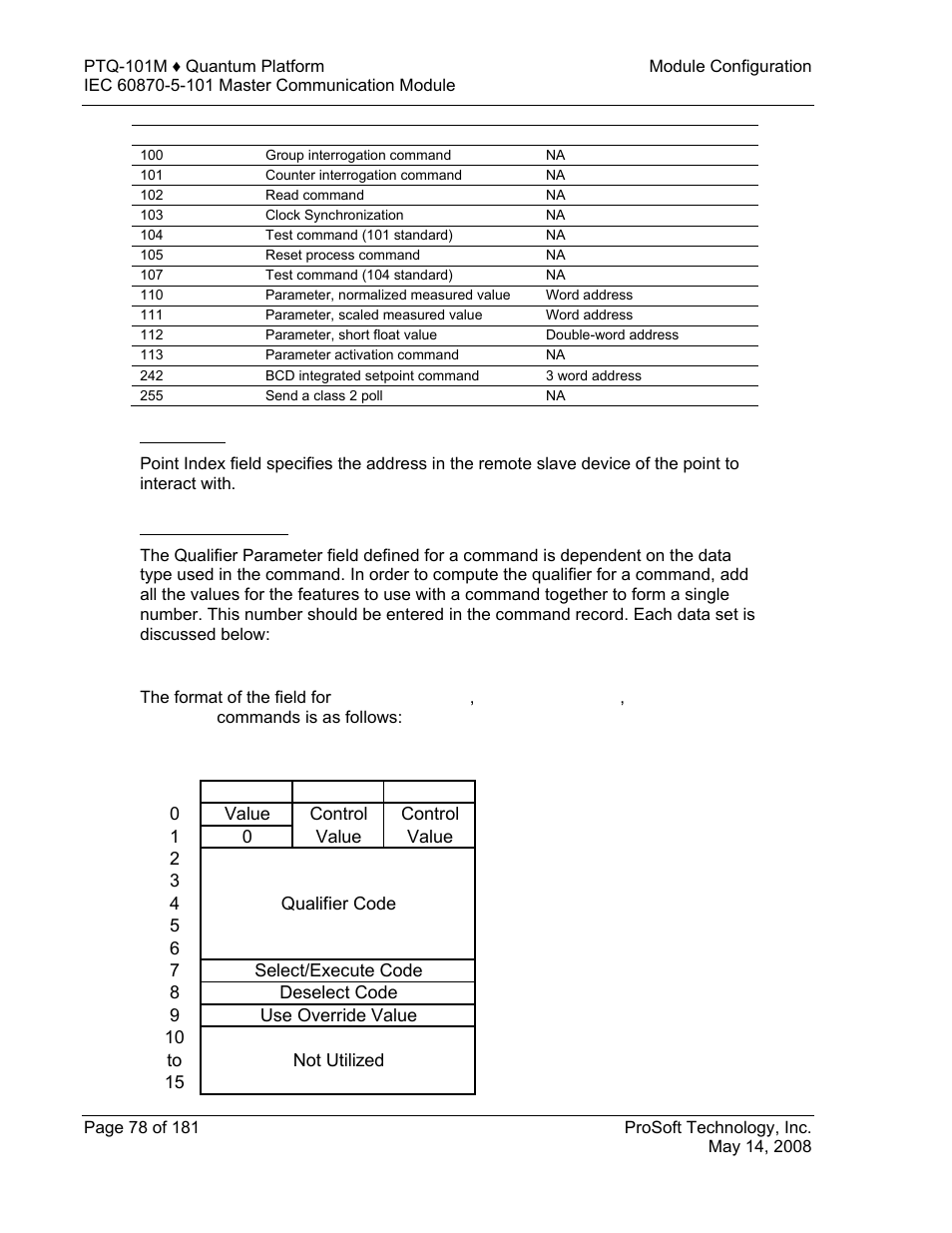 Point index, Qualifier parameter, Single point, double point, and regulating setup | ProSoft Technology PTQ-101M User Manual | Page 78 / 181