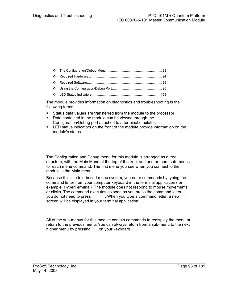 Diagnostics and troubleshooting, The configuration/debug menu, Navigation | E 93), 6 diagnostics and troubleshooting | ProSoft Technology PTQ-101M User Manual | Page 93 / 181