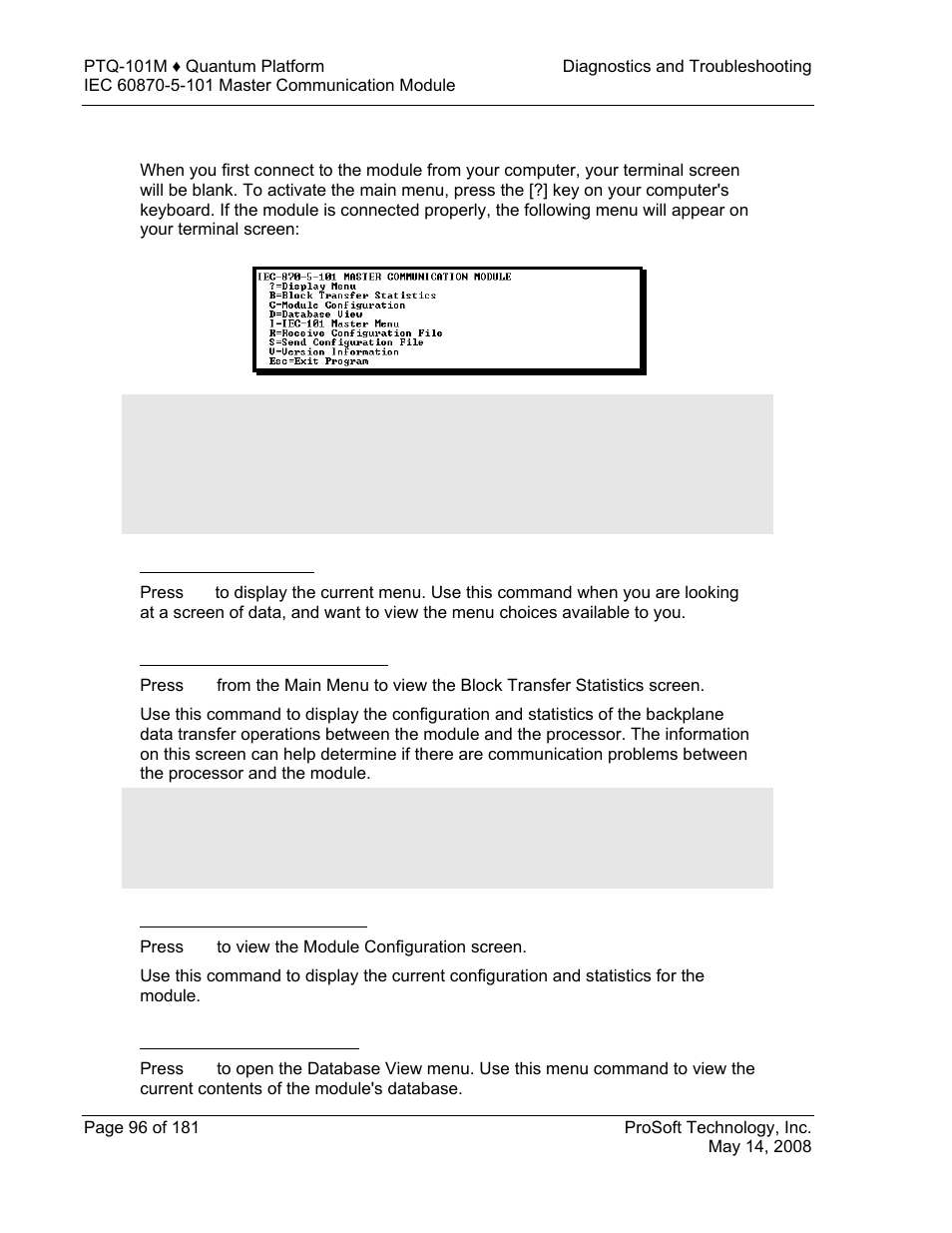 Main menu, Redisplaying the menu, Viewing block transfer statistics | Viewing module configuration, Opening the database menu | ProSoft Technology PTQ-101M User Manual | Page 96 / 181