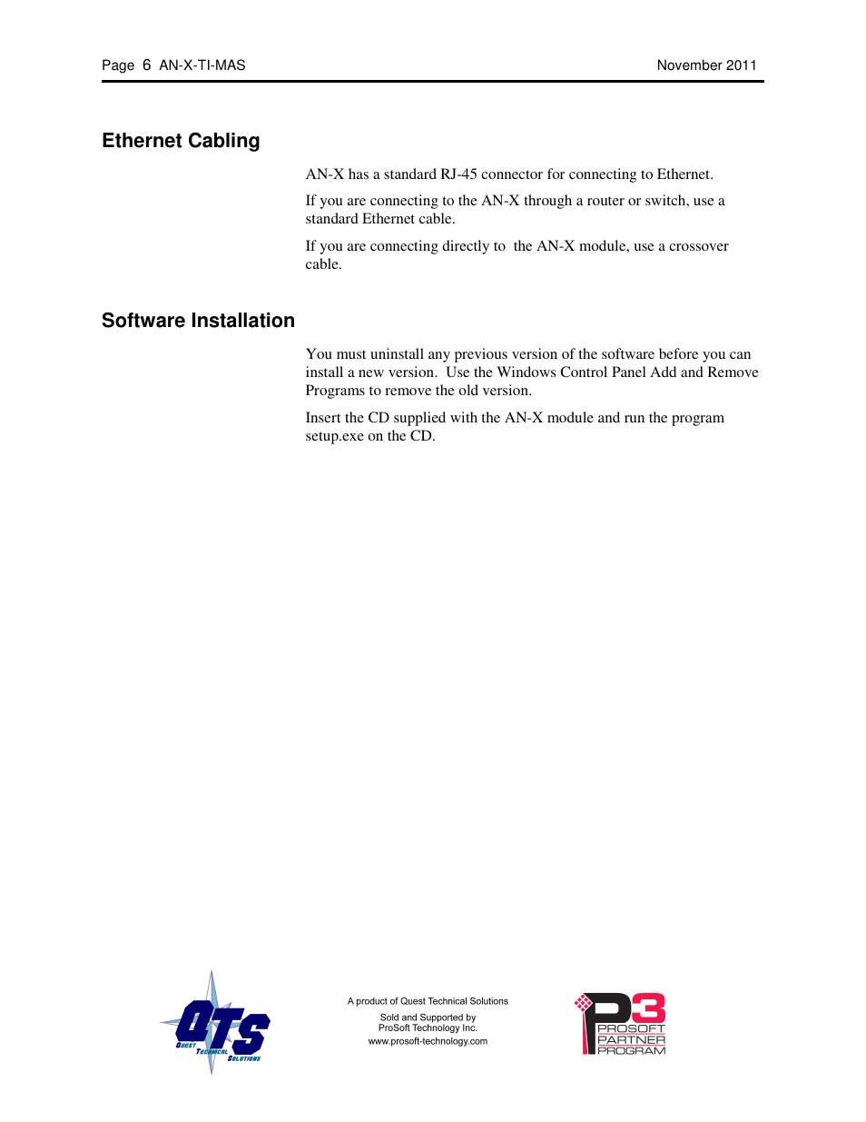 Ethernet cabling, Software installation | ProSoft Technology AN-X-TI User Manual | Page 10 / 73