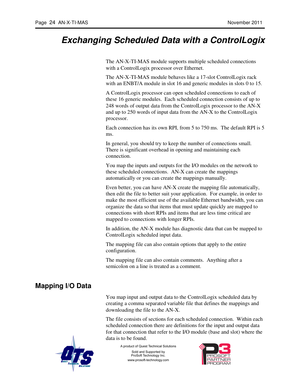 Exchanging scheduled data with a controllogix, Mapping i/o data | ProSoft Technology AN-X-TI User Manual | Page 28 / 73