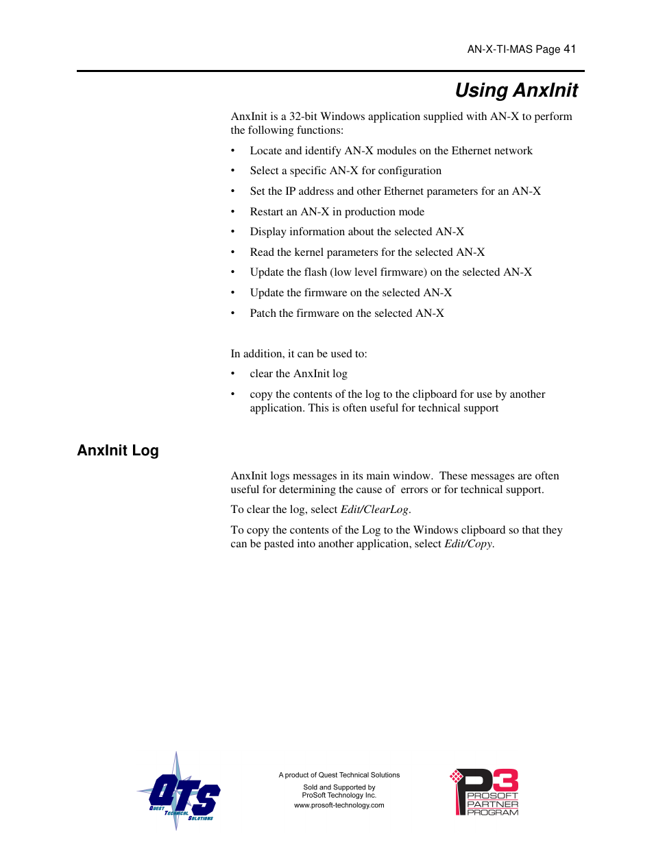 Using anxinit, Anxinit log | ProSoft Technology AN-X-TI User Manual | Page 45 / 73