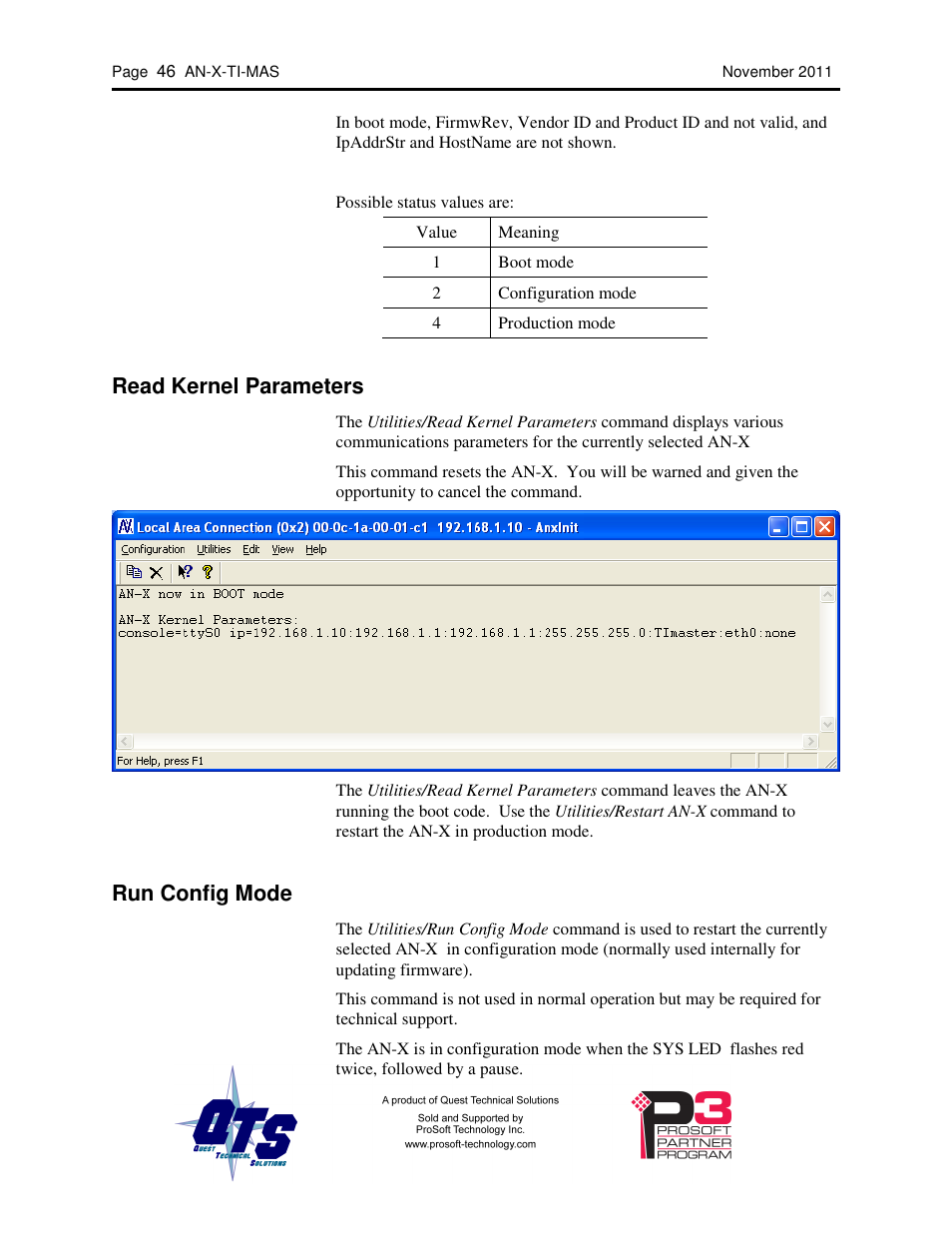 Read kernel parameters, Run config mode | ProSoft Technology AN-X-TI User Manual | Page 50 / 73