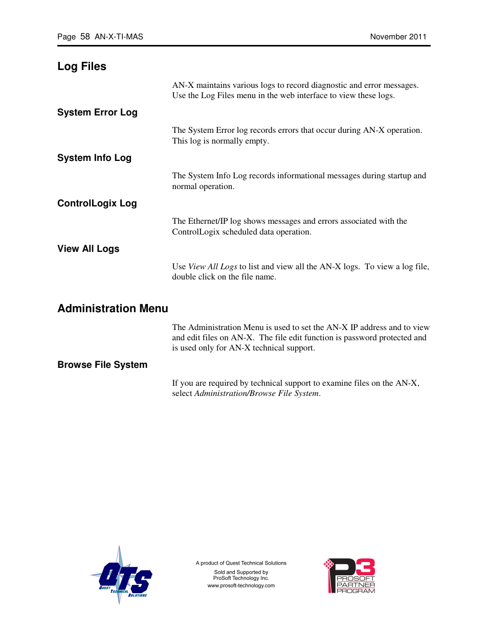 Log files, Administration menu | ProSoft Technology AN-X-TI User Manual | Page 62 / 73