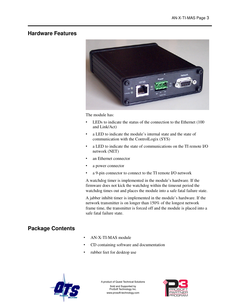 Hardware features, Package contents | ProSoft Technology AN-X-TI User Manual | Page 7 / 73