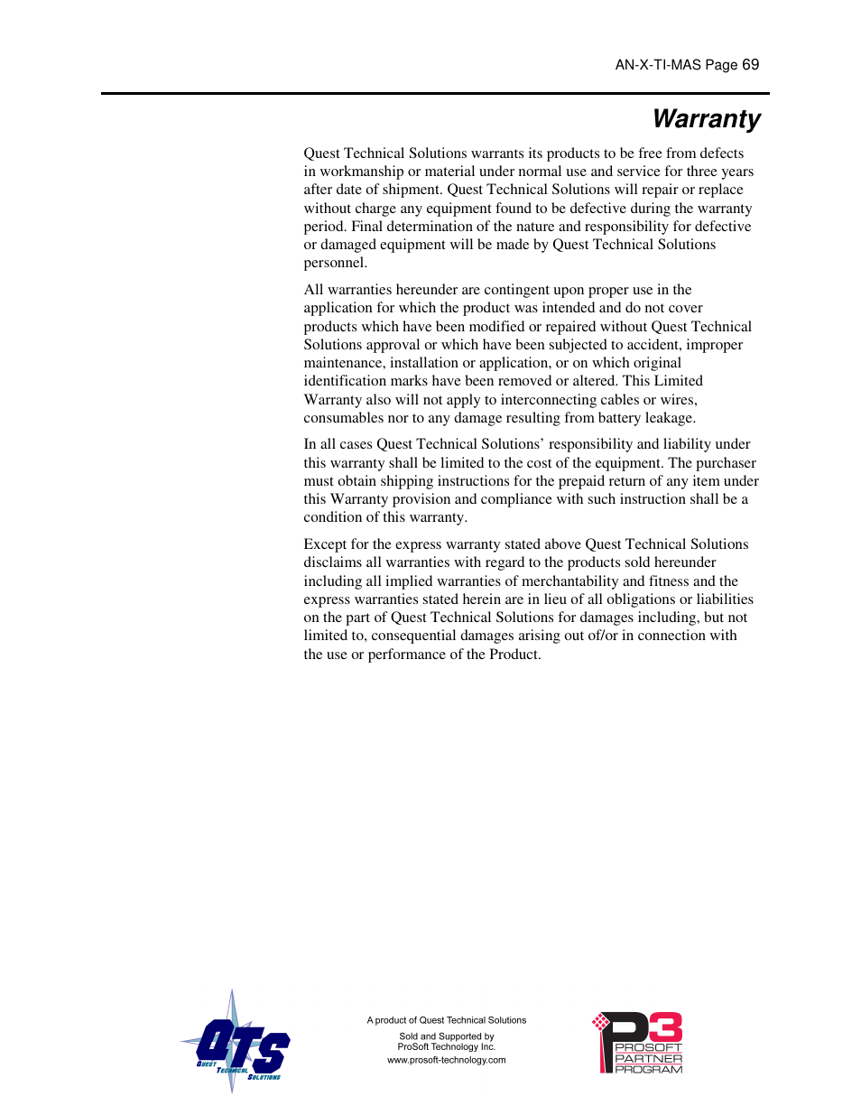 Warranty | ProSoft Technology AN-X-TI User Manual | Page 73 / 73