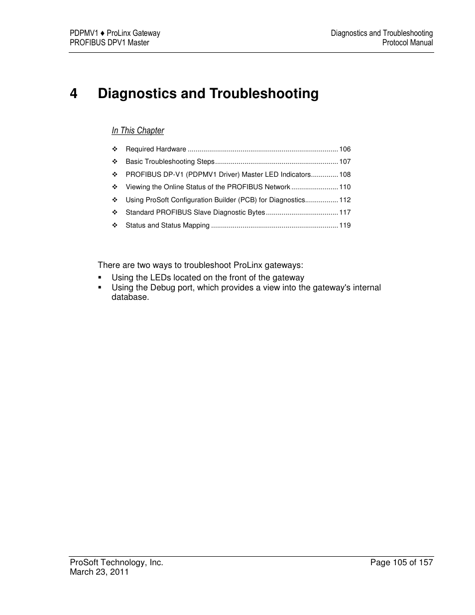 4diagnostics and troubleshooting | ProSoft Technology 5204-DFNT-PDPMV1 User Manual | Page 105 / 157