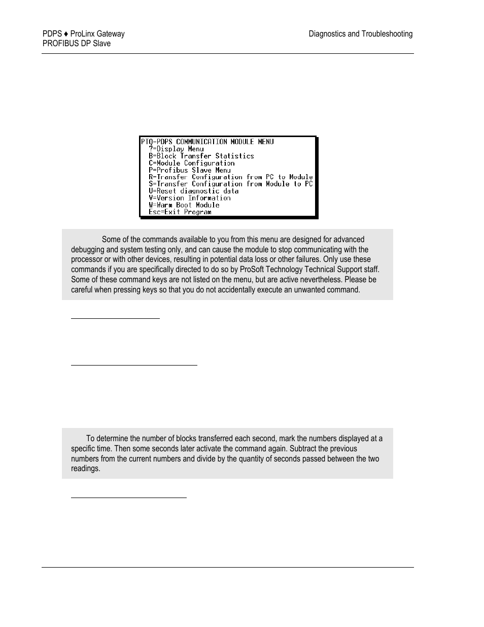 Main menu, Redisplaying the menu, Viewing block transfer statistics | Viewing module configuration | ProSoft Technology 5205-DFNT-PDPS User Manual | Page 40 / 61