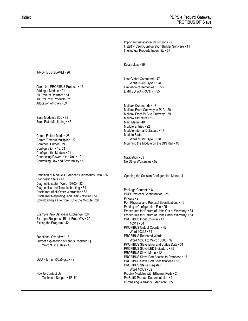 Index | ProSoft Technology 5205-DFNT-PDPS User Manual | Page 60 / 61