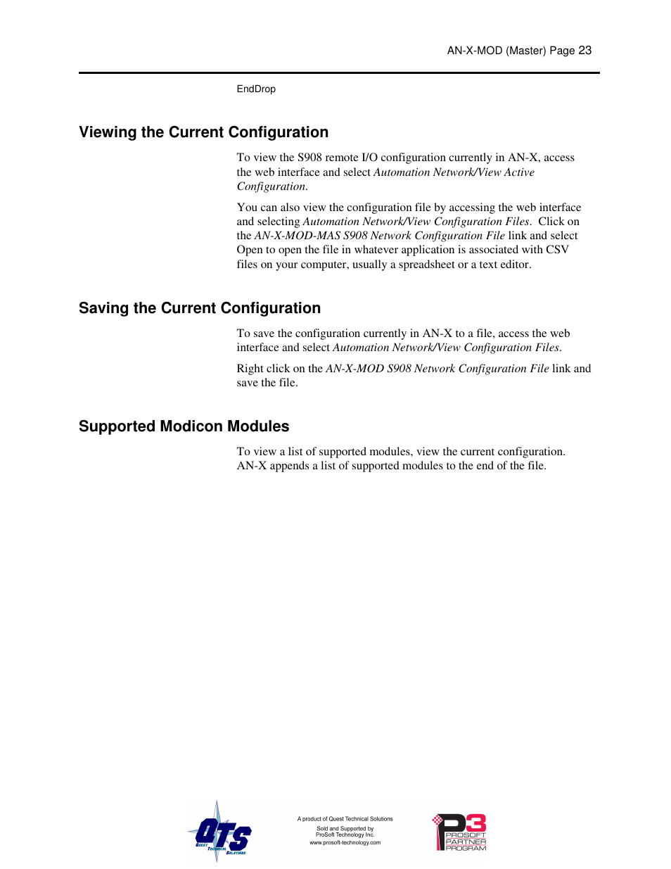 Viewing the current configuration, Saving the current configuration, Supported modicon modules | ProSoft Technology AN-X-MOD User Manual | Page 27 / 79