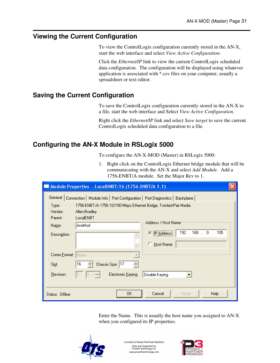 Viewing the current configuration, Saving the current configuration, Configuring the an-x module in rslogix 5000 | ProSoft Technology AN-X-MOD User Manual | Page 35 / 79