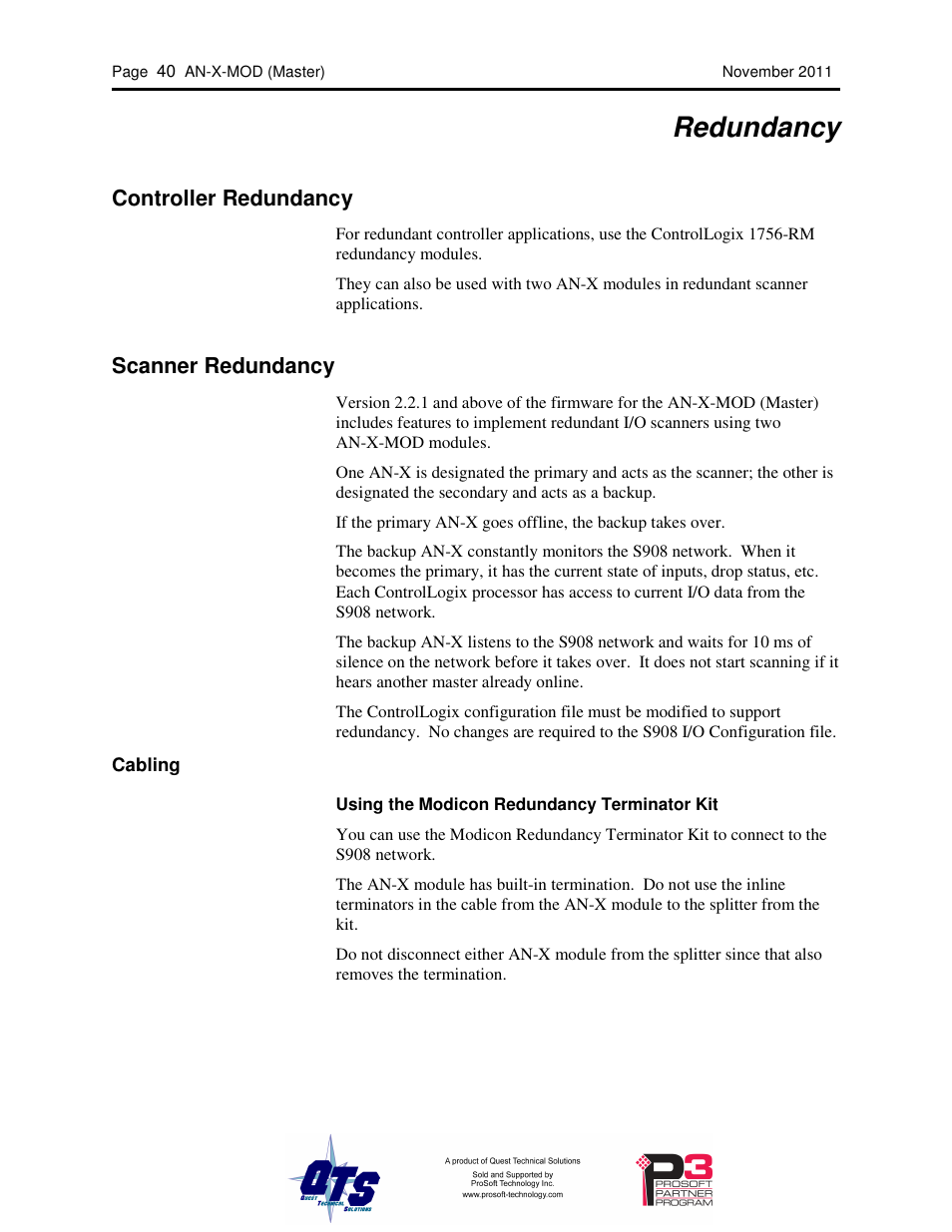 Redundancy, Controller redundancy, Scanner redundancy | ProSoft Technology AN-X-MOD User Manual | Page 44 / 79