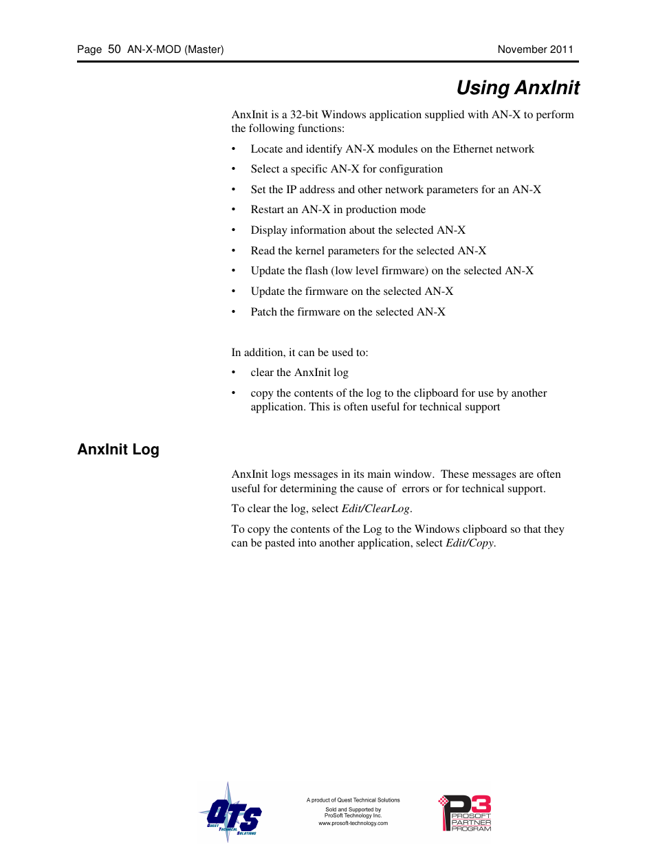 Using anxinit, Anxinit log | ProSoft Technology AN-X-MOD User Manual | Page 54 / 79