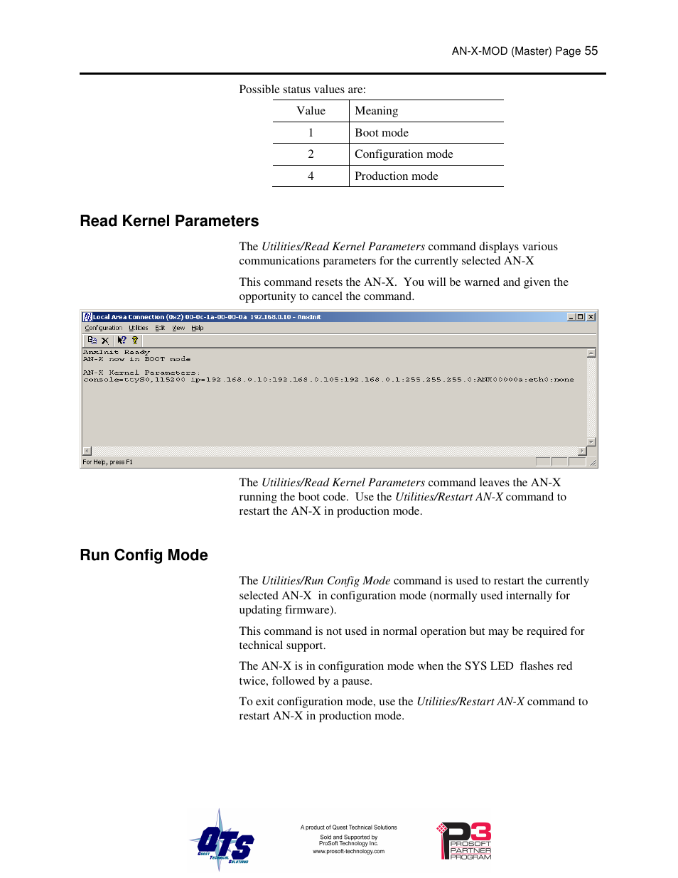 Read kernel parameters, Run config mode | ProSoft Technology AN-X-MOD User Manual | Page 59 / 79