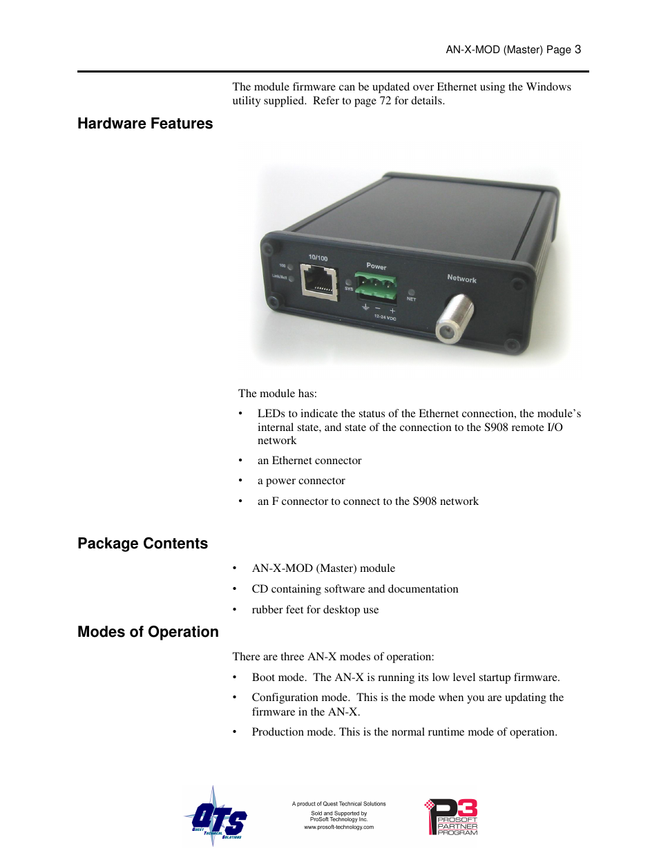 Hardware features, Package contents, Modes of operation | ProSoft Technology AN-X-MOD User Manual | Page 7 / 79