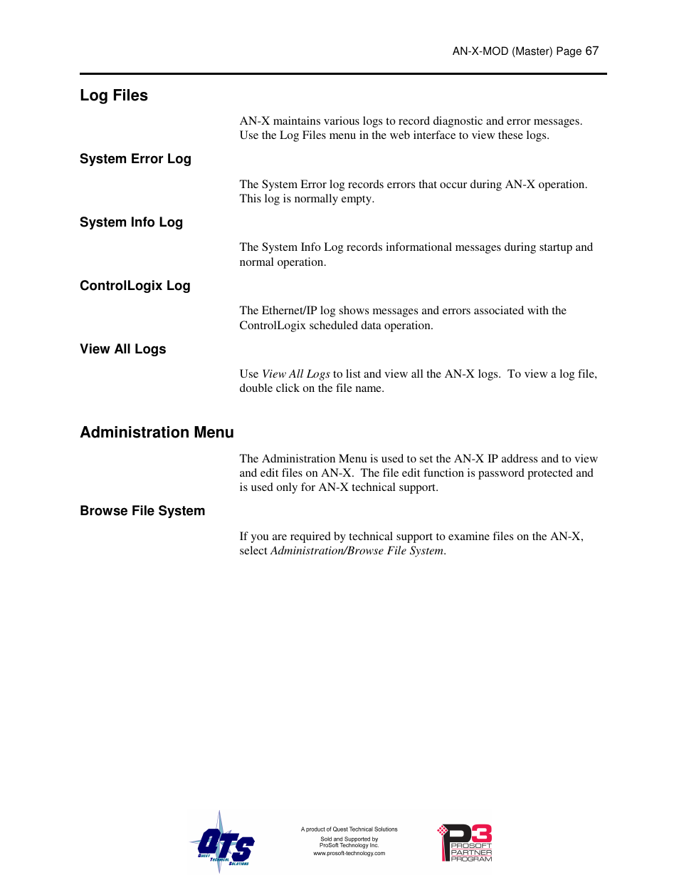 Log files, Administration menu | ProSoft Technology AN-X-MOD User Manual | Page 71 / 79