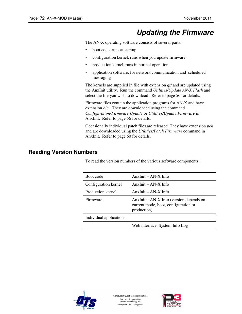 Updating the firmware, Reading version numbers | ProSoft Technology AN-X-MOD User Manual | Page 76 / 79