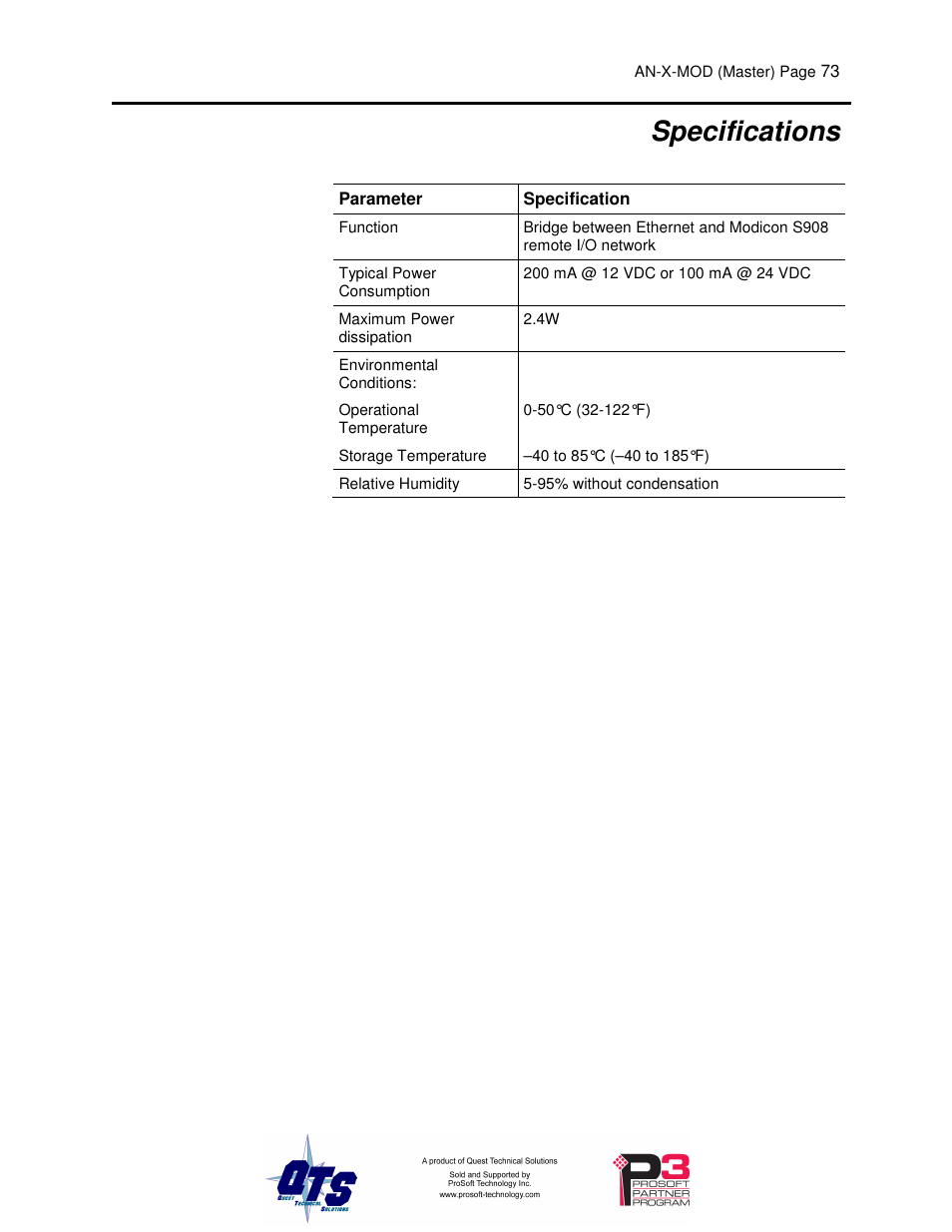 Specifications | ProSoft Technology AN-X-MOD User Manual | Page 77 / 79