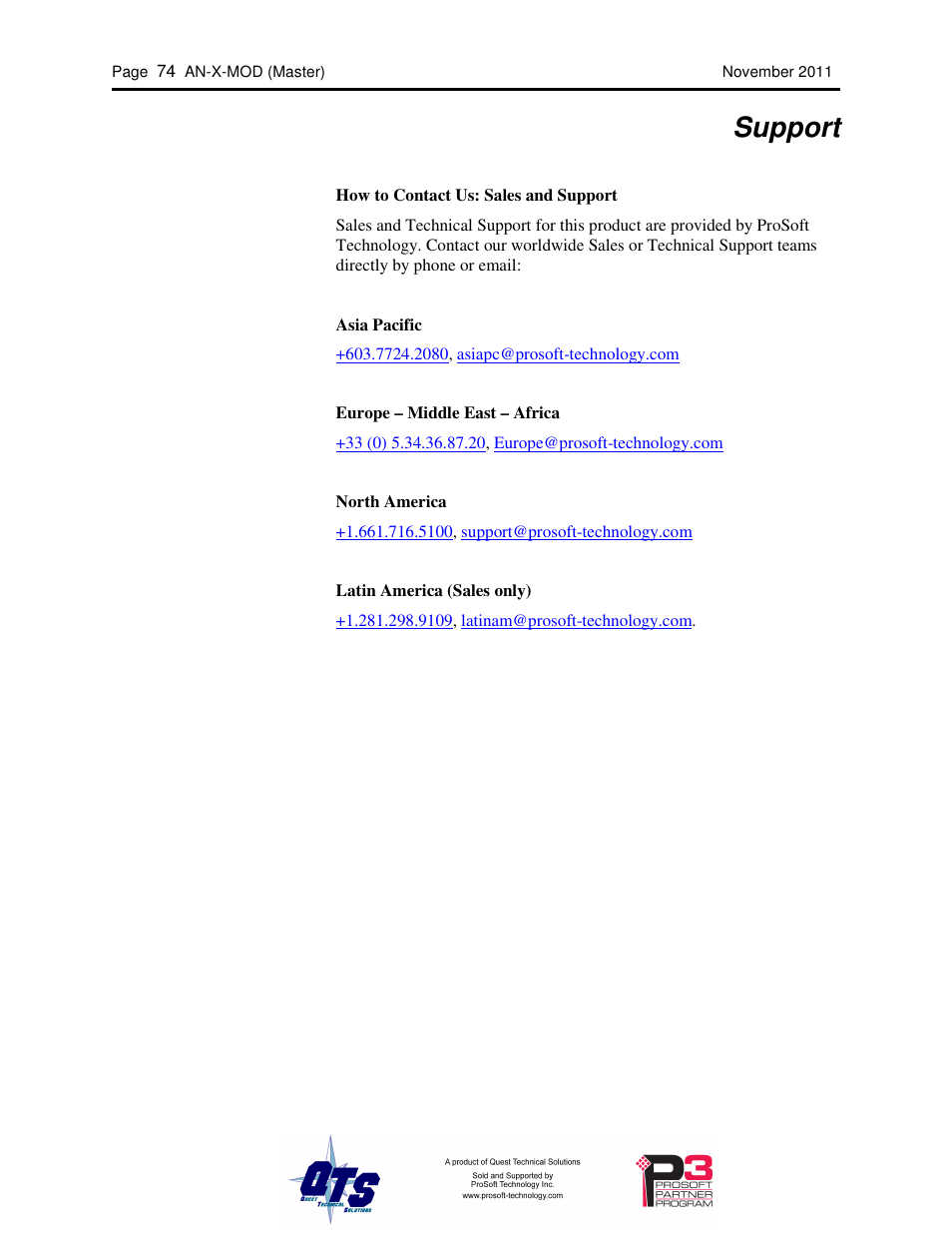 Support | ProSoft Technology AN-X-MOD User Manual | Page 78 / 79