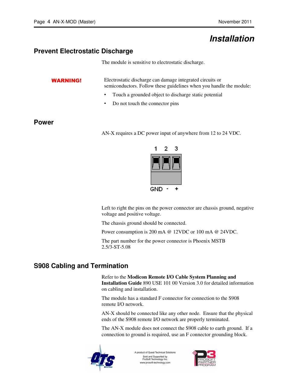 Installation, Prevent electrostatic discharge, Power | S908 cabling and termination | ProSoft Technology AN-X-MOD User Manual | Page 8 / 79