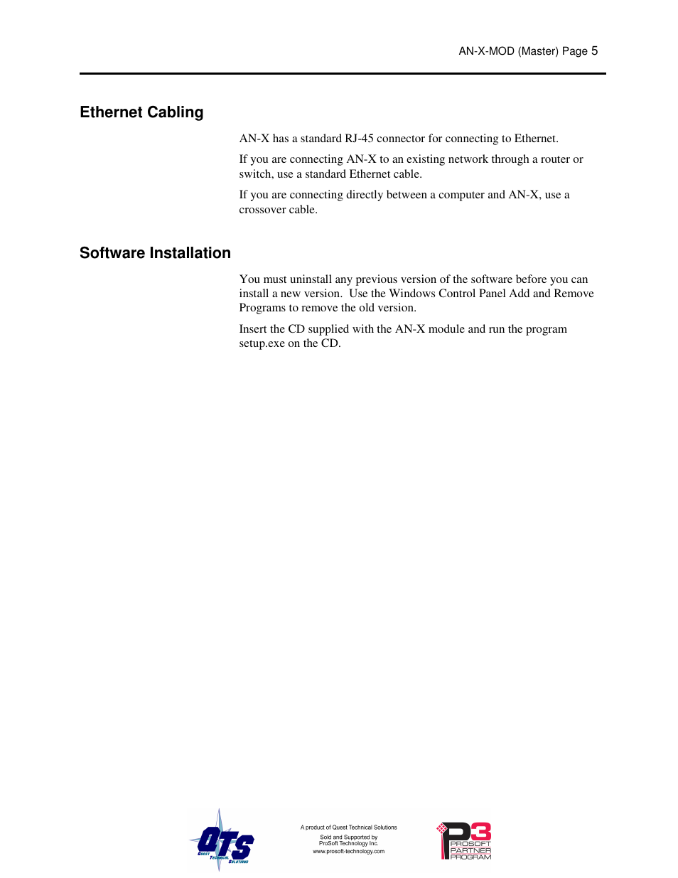 Ethernet cabling, Software installation | ProSoft Technology AN-X-MOD User Manual | Page 9 / 79