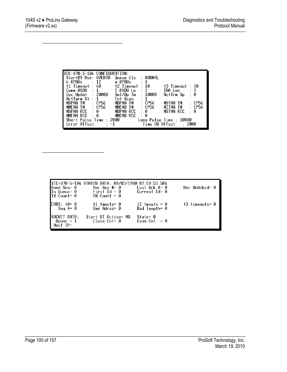 Iec-870-5-104 configuration menu, Iec-870-5-104 status data | ProSoft Technology 5201-DFNT-104S User Manual | Page 100 / 157