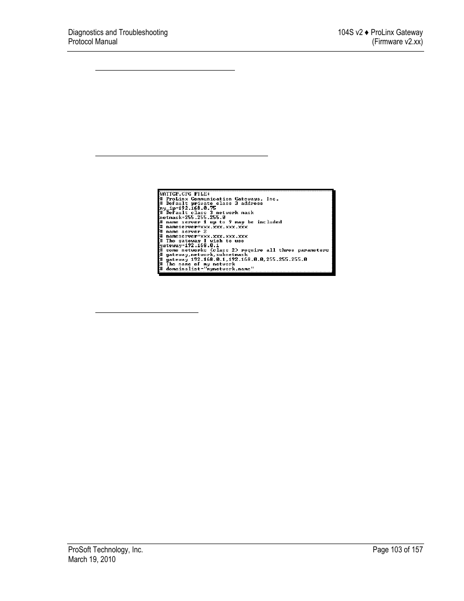 Transferring wattcp.cfg to the pc, Viewing the wattcp.cfg file on the gateway, Returning to the main menu | ProSoft Technology 5201-DFNT-104S User Manual | Page 103 / 157