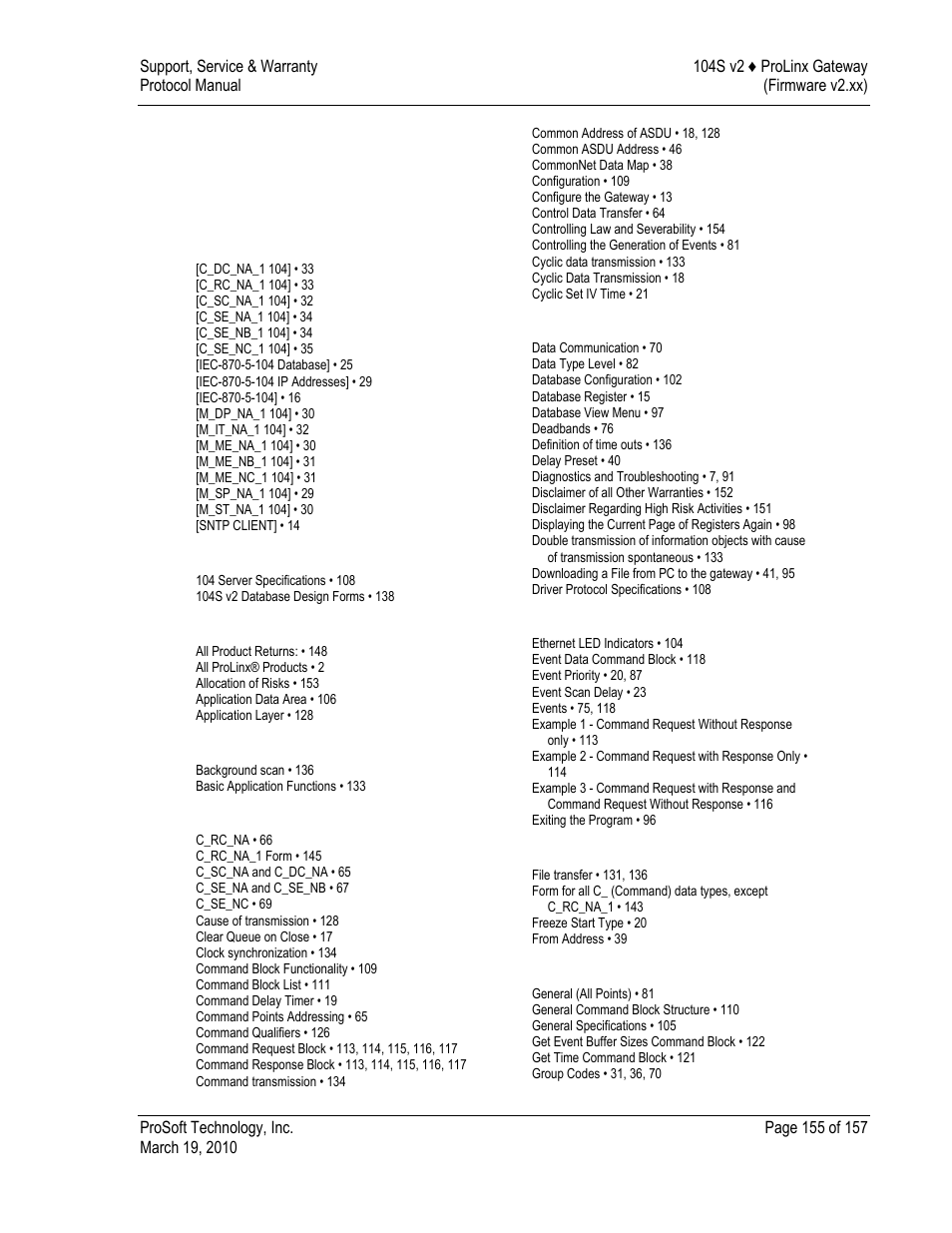 Index | ProSoft Technology 5201-DFNT-104S User Manual | Page 155 / 157