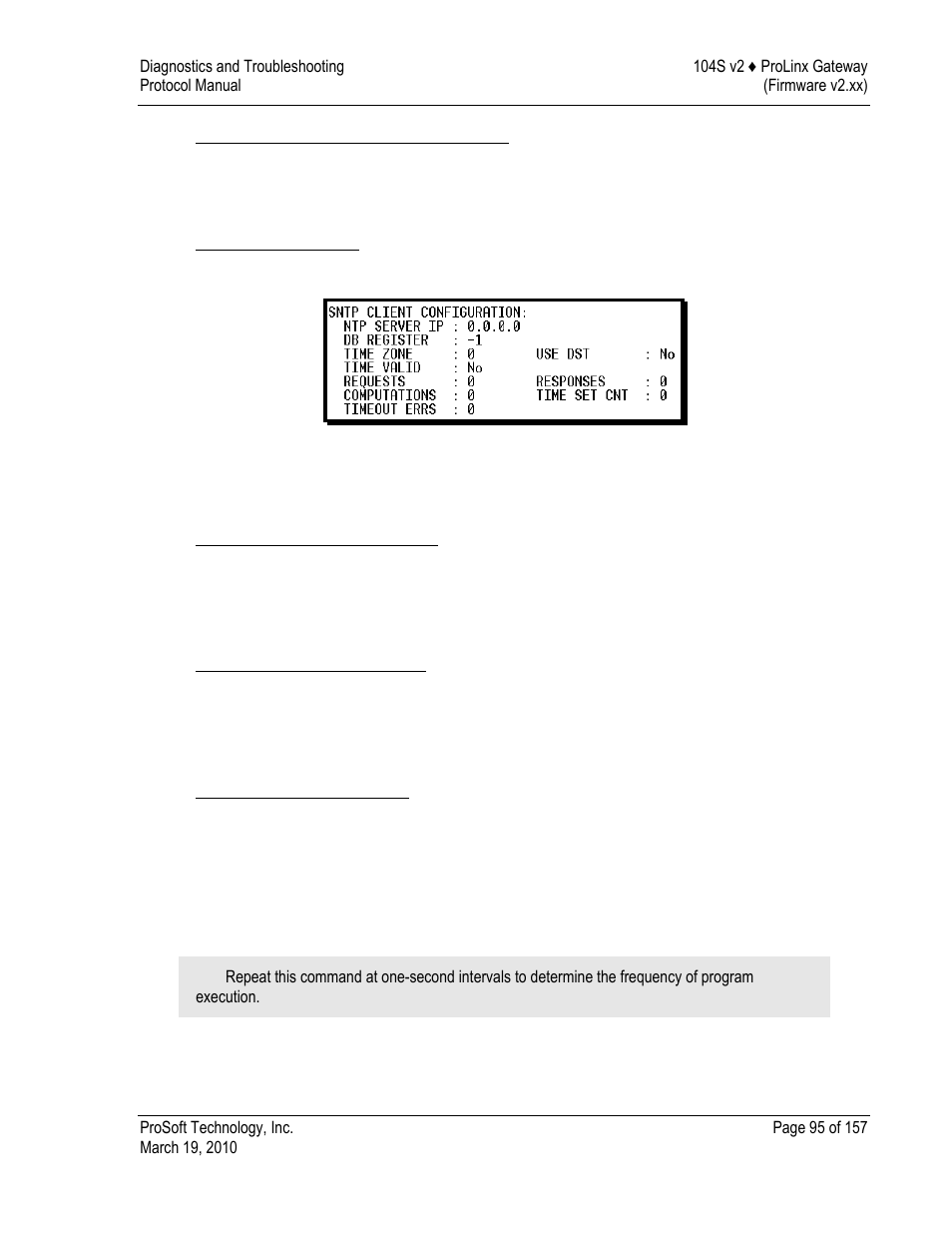 Opening the iec-870-5-104 server menu, Viewing sntp status, Receiving the configuration file | Sending the configuration file, Viewing version information | ProSoft Technology 5201-DFNT-104S User Manual | Page 95 / 157