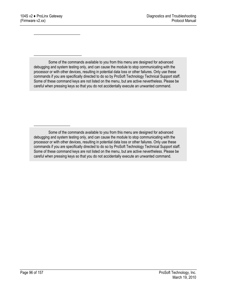 Resetting diagnostic data, Warm booting the module, Exiting the program | ProSoft Technology 5201-DFNT-104S User Manual | Page 96 / 157
