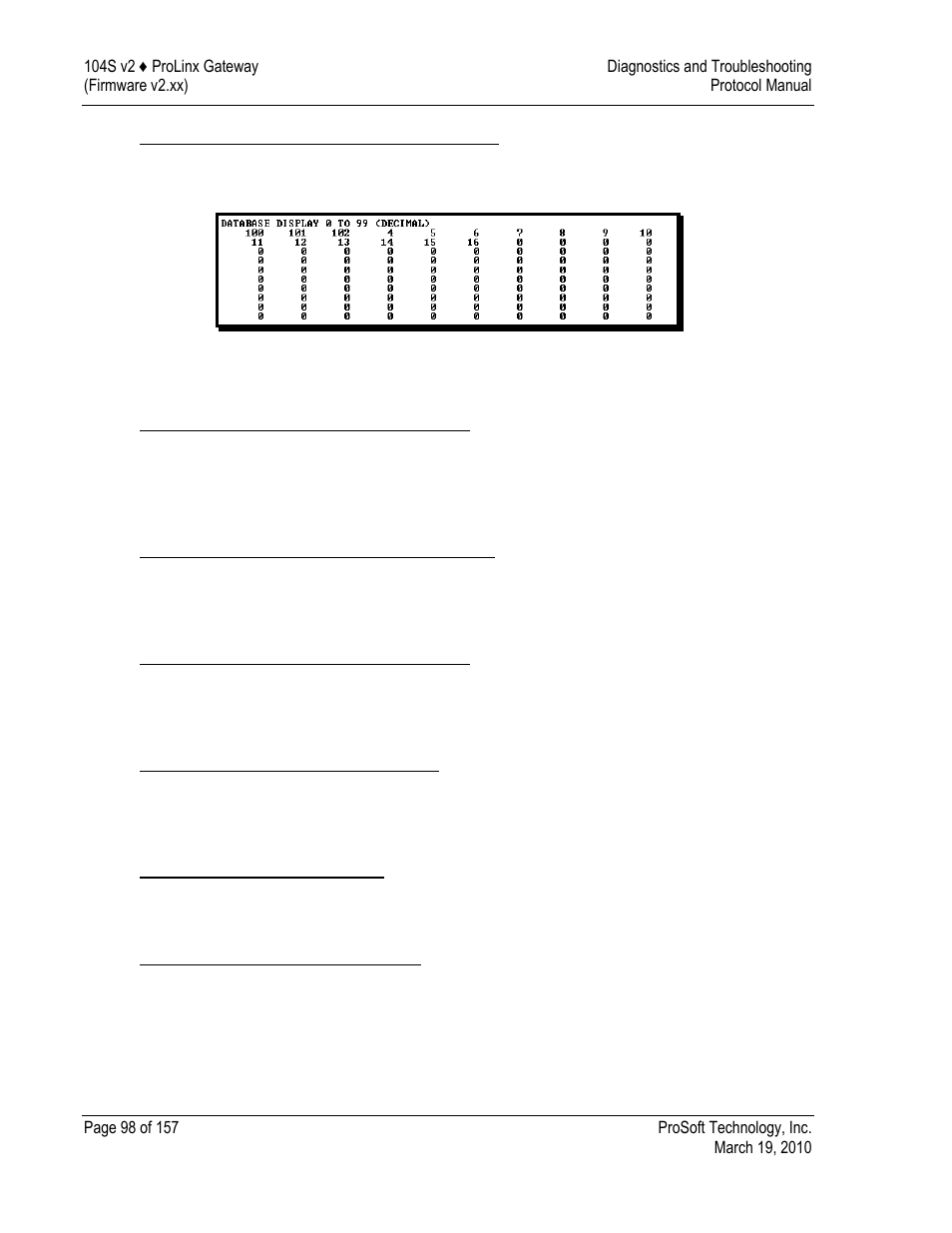 Viewing the previous 100 registers of data, Viewing the next 100 registers of data, Viewing data in decimal format | Viewing data in hexadecimal format | ProSoft Technology 5201-DFNT-104S User Manual | Page 98 / 157