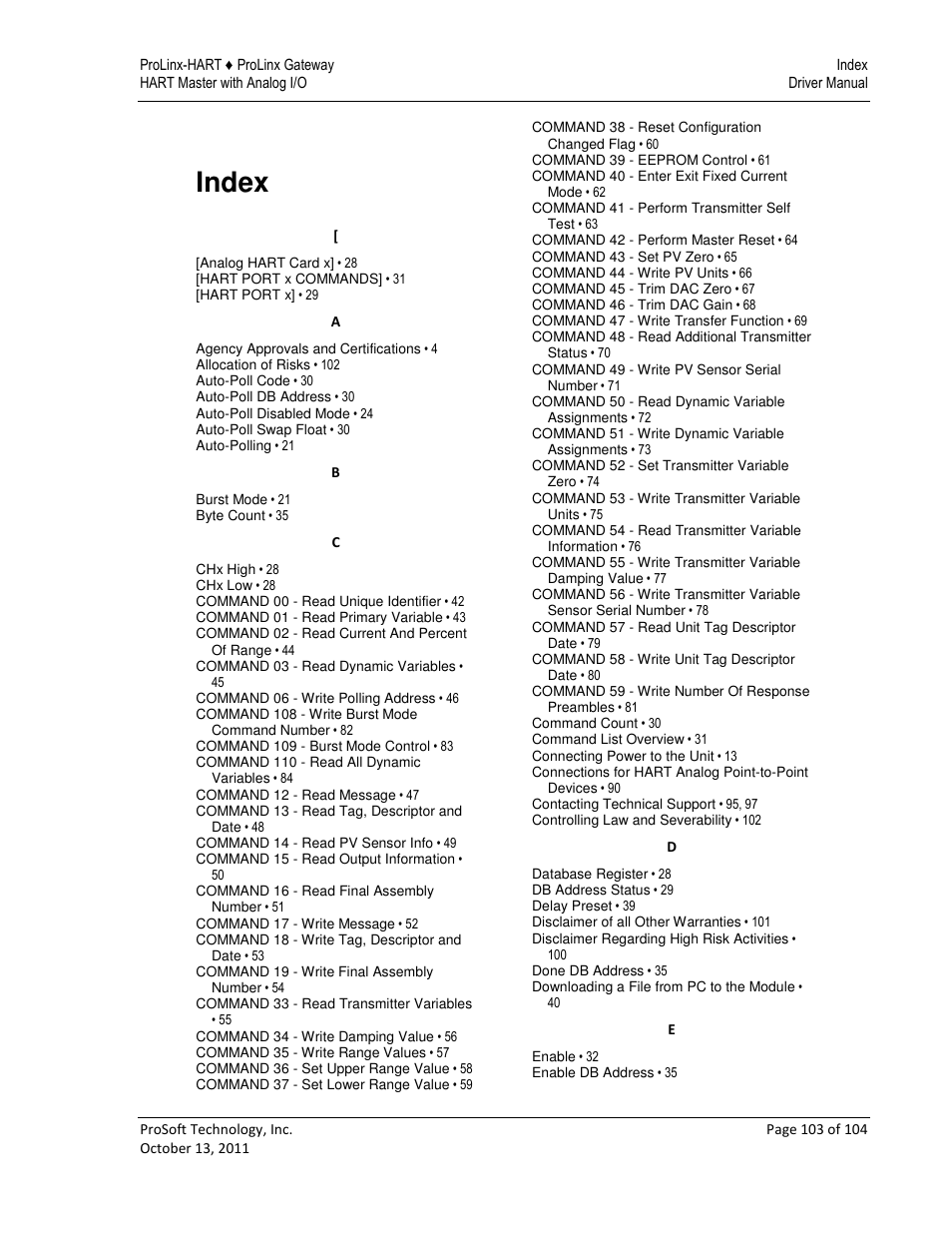 Index | ProSoft Technology 5228-DFNT-HART User Manual | Page 103 / 104