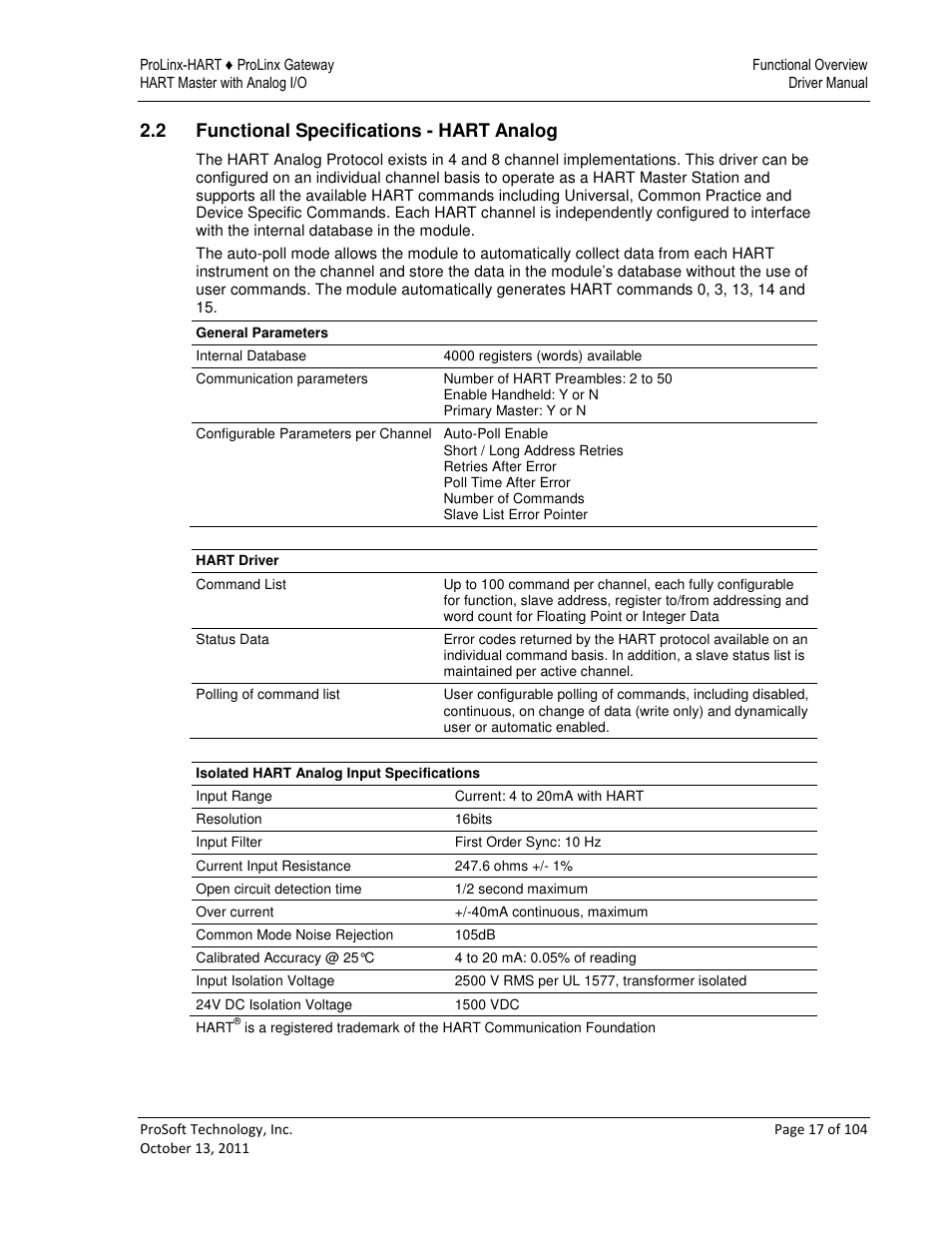 2 functional specifications - hart analog | ProSoft Technology 5228-DFNT-HART User Manual | Page 17 / 104