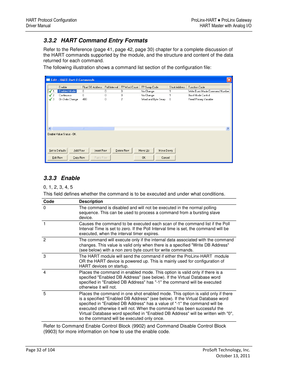 2 hart command entry formats, 3 enable | ProSoft Technology 5228-DFNT-HART User Manual | Page 32 / 104