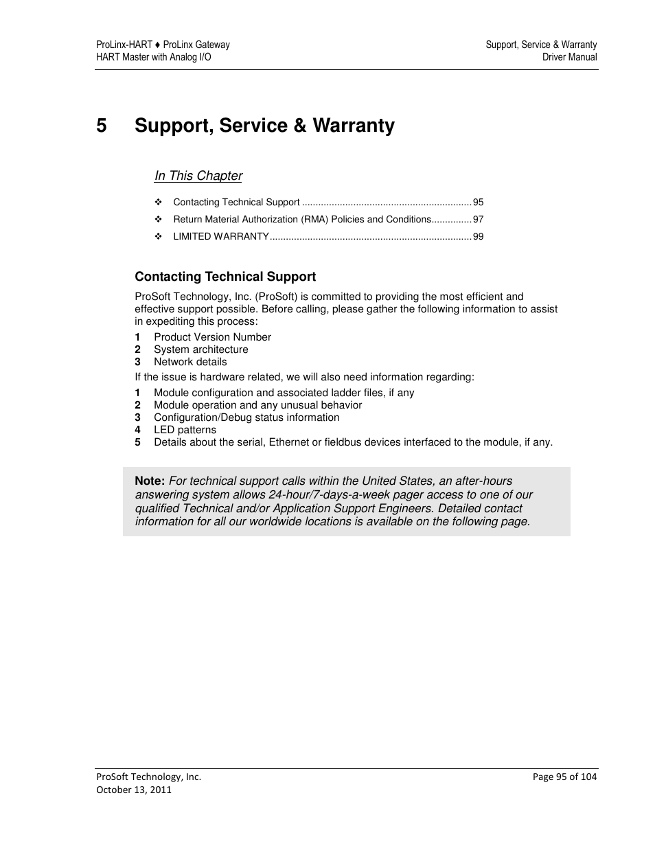 5support, service & warranty | ProSoft Technology 5228-DFNT-HART User Manual | Page 95 / 104