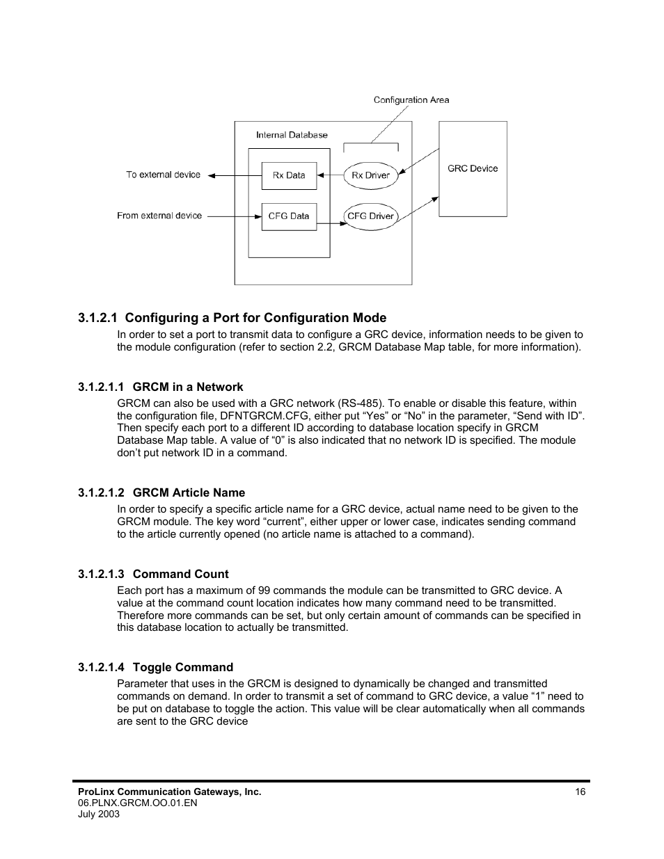 Configuring a port for configuration mode, Grcm in a network, Grcm article name | Command count, Toggle command | ProSoft Technology 5202-DFNT-GRCM4 User Manual | Page 16 / 24