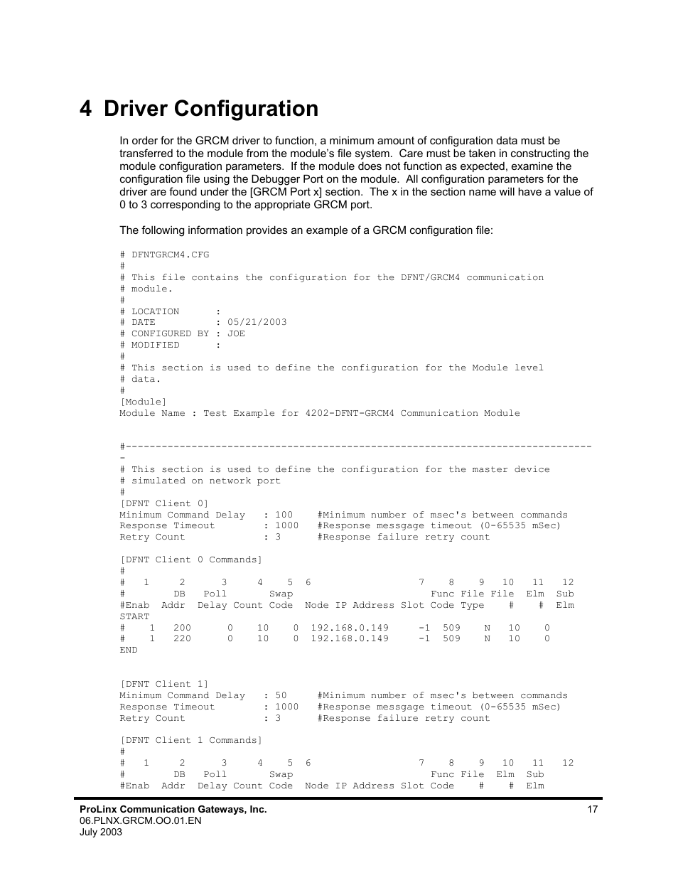 Driver configuration, 4 driver configuration | ProSoft Technology 5202-DFNT-GRCM4 User Manual | Page 17 / 24