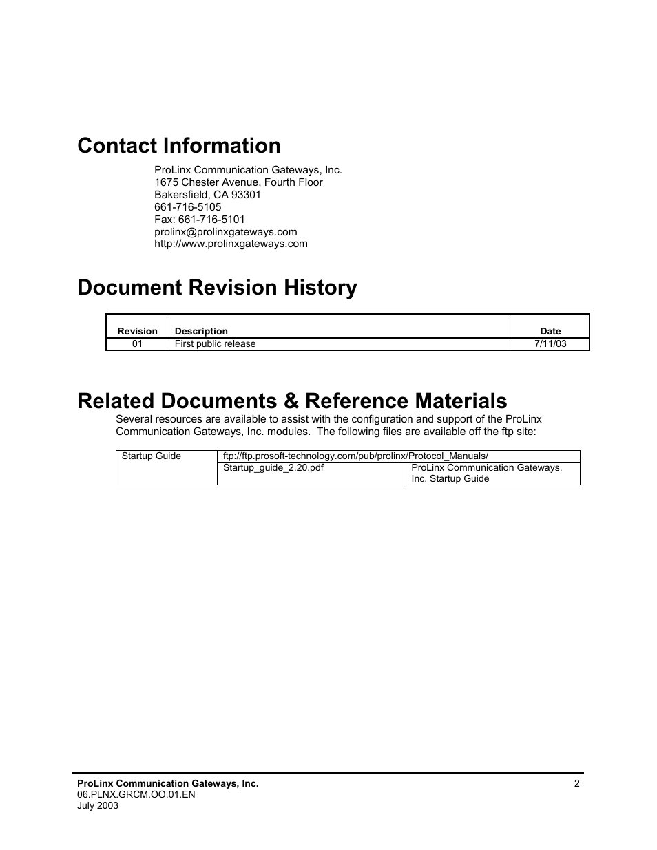 Contact information, Document revision history, Related documents & reference materials | ProSoft Technology 5202-DFNT-GRCM4 User Manual | Page 2 / 24