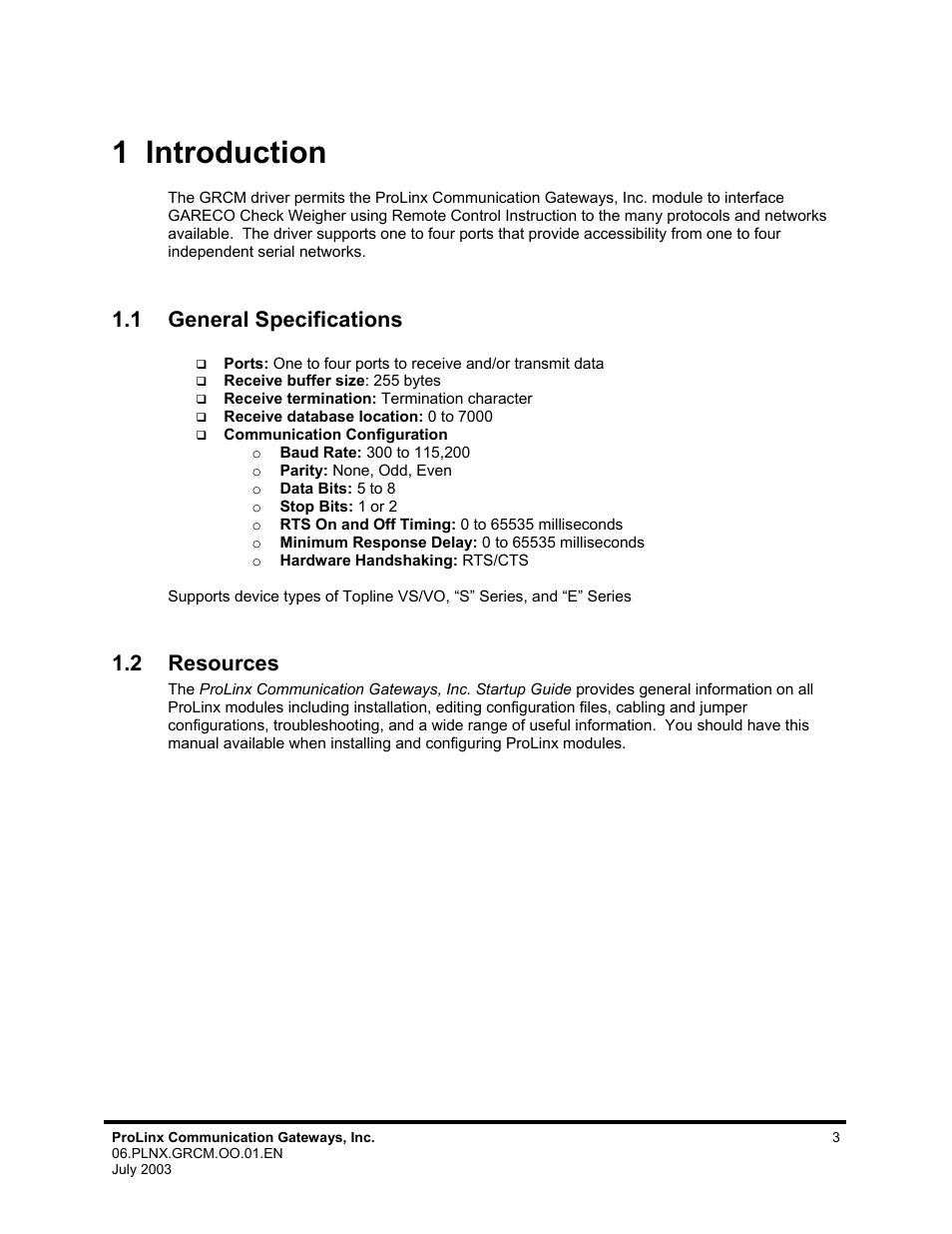 Introduction, General specifications, Resources | 1 introduction, 1 general specifications, 2 resources | ProSoft Technology 5202-DFNT-GRCM4 User Manual | Page 3 / 24