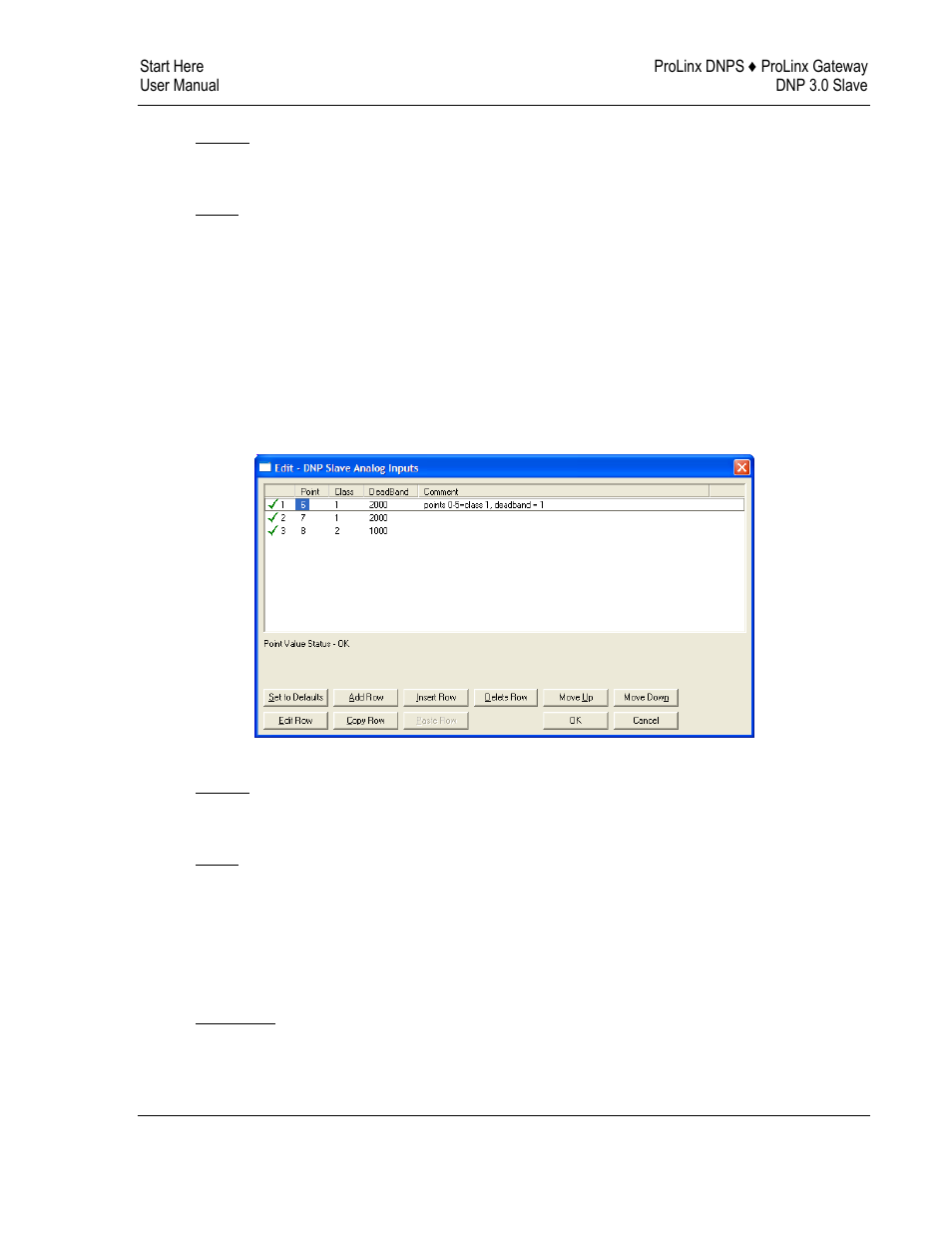 Point, Class, Dnp slave analog inputs | Deadband | ProSoft Technology 5201-DFNT-DNPS User Manual | Page 23 / 86