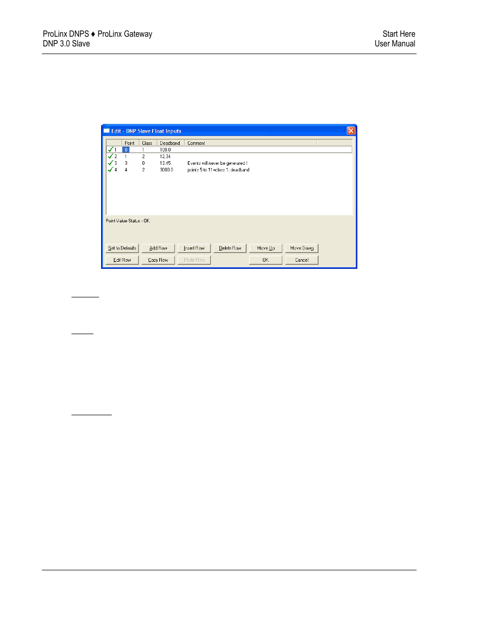 Dnp slave float inputs, Point, Class | Deadband | ProSoft Technology 5201-DFNT-DNPS User Manual | Page 24 / 86