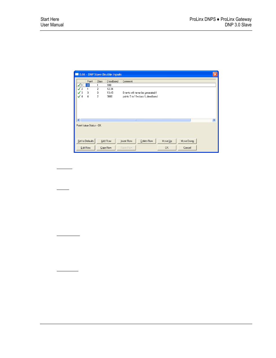 Dnp slave double inputs, Point, Class | Deadband, Common configuration, Data map | ProSoft Technology 5201-DFNT-DNPS User Manual | Page 25 / 86