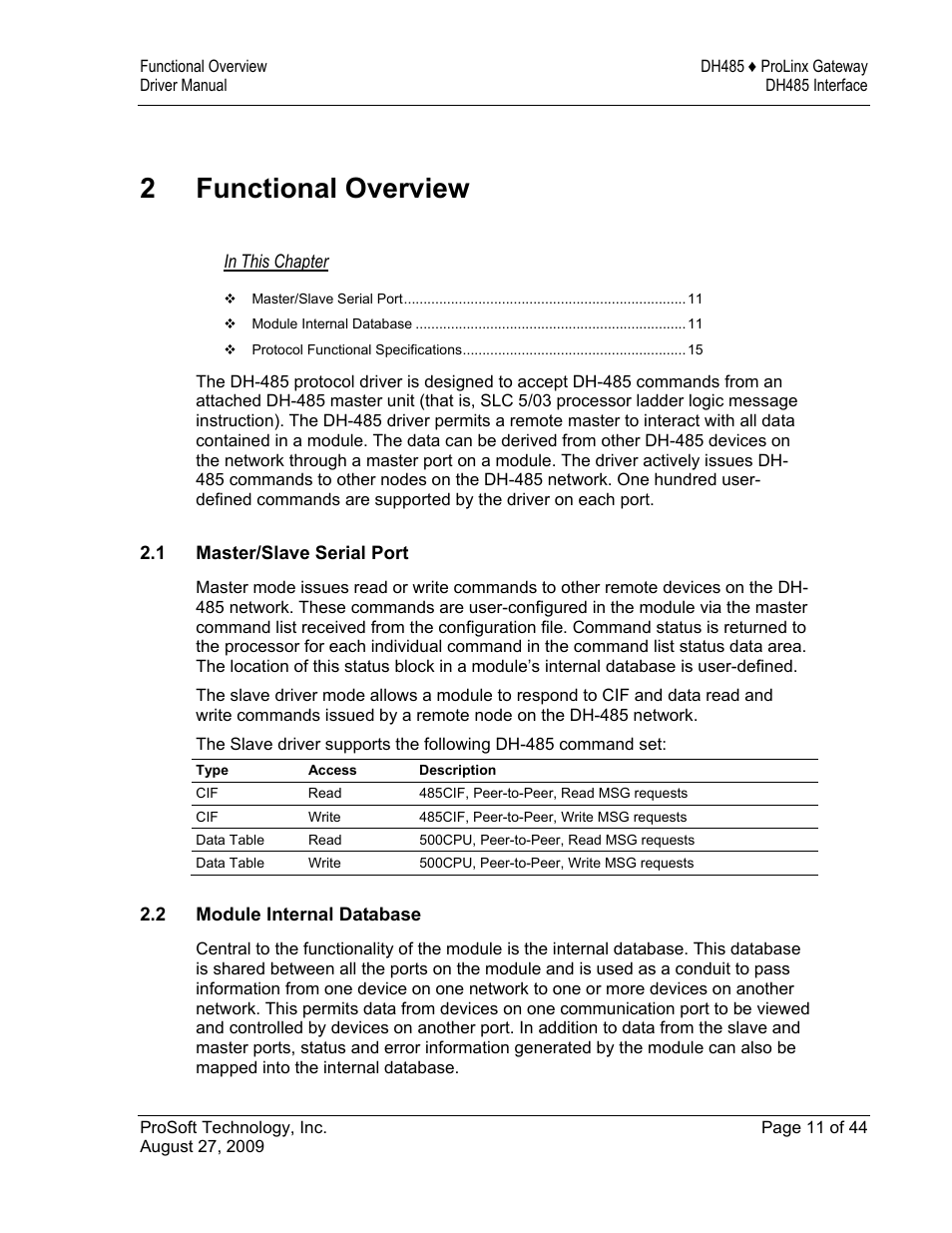 Functional overview, Master/slave serial port, Module internal database | 2 functional overview | ProSoft Technology 5201-DFNT-DH485 User Manual | Page 11 / 44