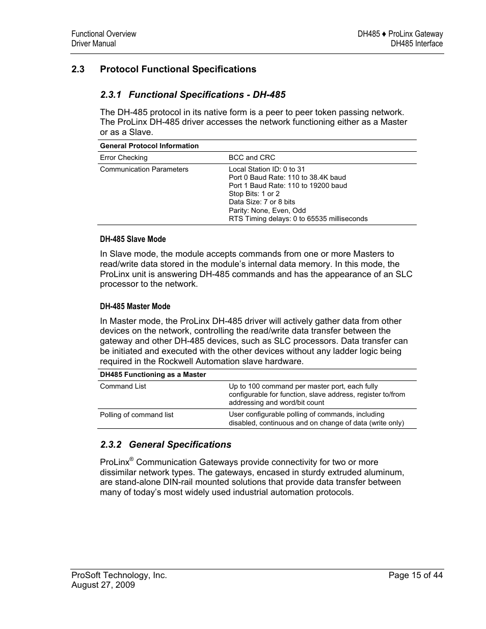 Protocol functional specifications, Functional specifications - dh-485, General specifications | ProSoft Technology 5201-DFNT-DH485 User Manual | Page 15 / 44