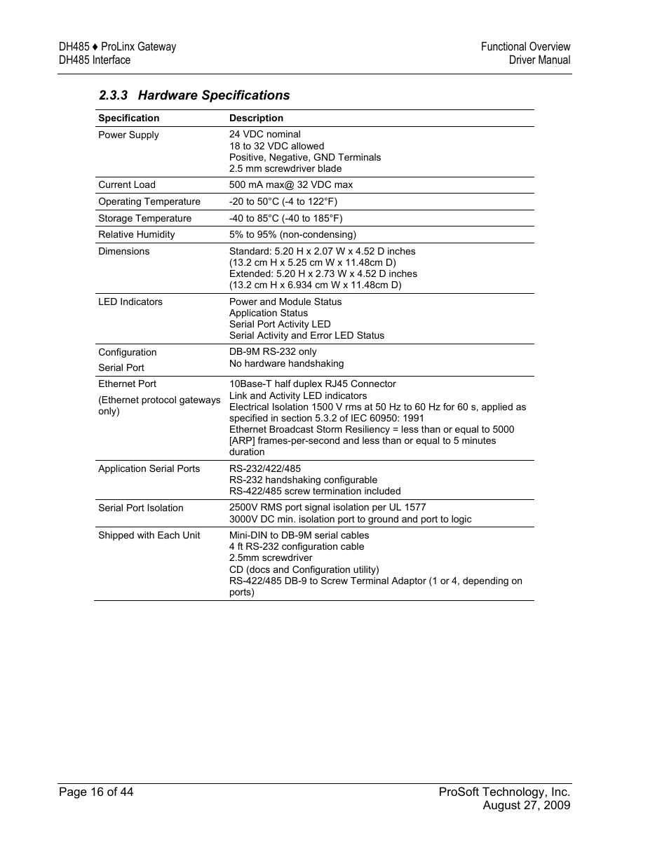 Hardware specifications | ProSoft Technology 5201-DFNT-DH485 User Manual | Page 16 / 44